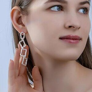 Dangle Earrings Square Silver Trendy Statement Long Unique Classy Fashion Jewelr
